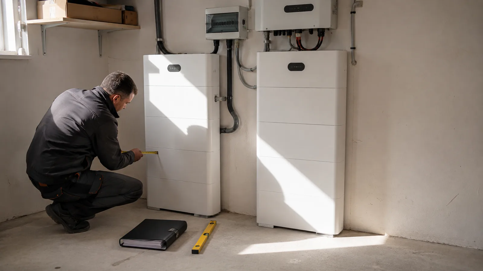 Pomiar odstępu przy szafach magazynu energii w pomieszczeniu technicznym