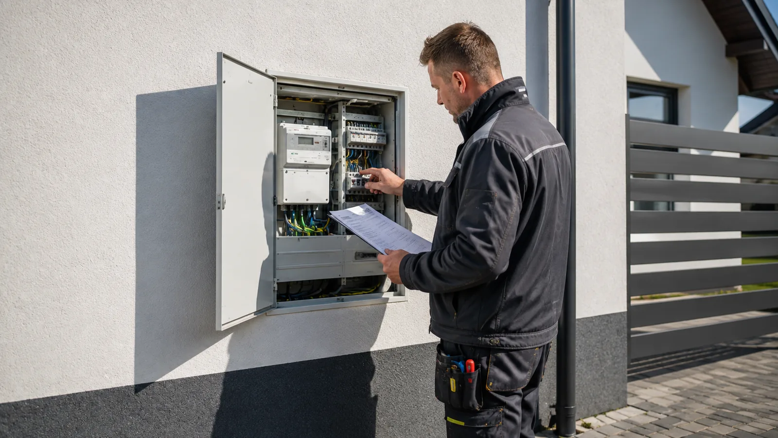 Elektryk przy otwartej skrzynce licznikowej sprawdza dokument zgłoszenia