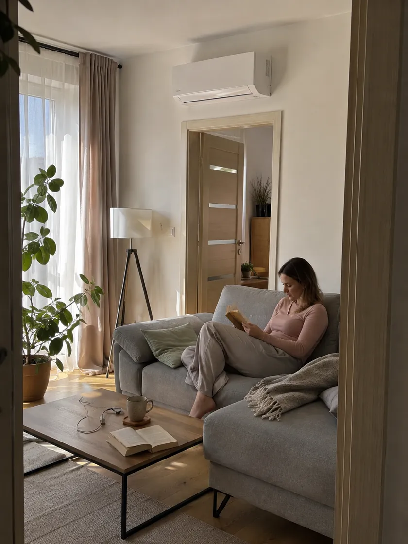 Salon z klimatyzatorem ściennym zamontowanym nad przejściem