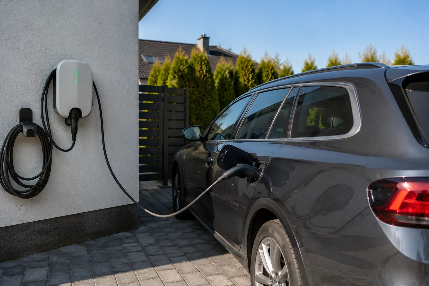 Ładowarka wallbox na ścianie domu z kablem wpiętym w gniazdo samochodu elektrycznego na podjeździe