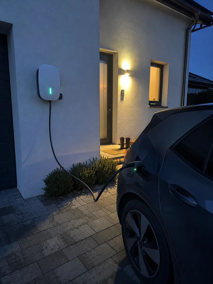 Ładowarka wallbox na ścianie domu, samochód elektryczny podłączony na podjeździe