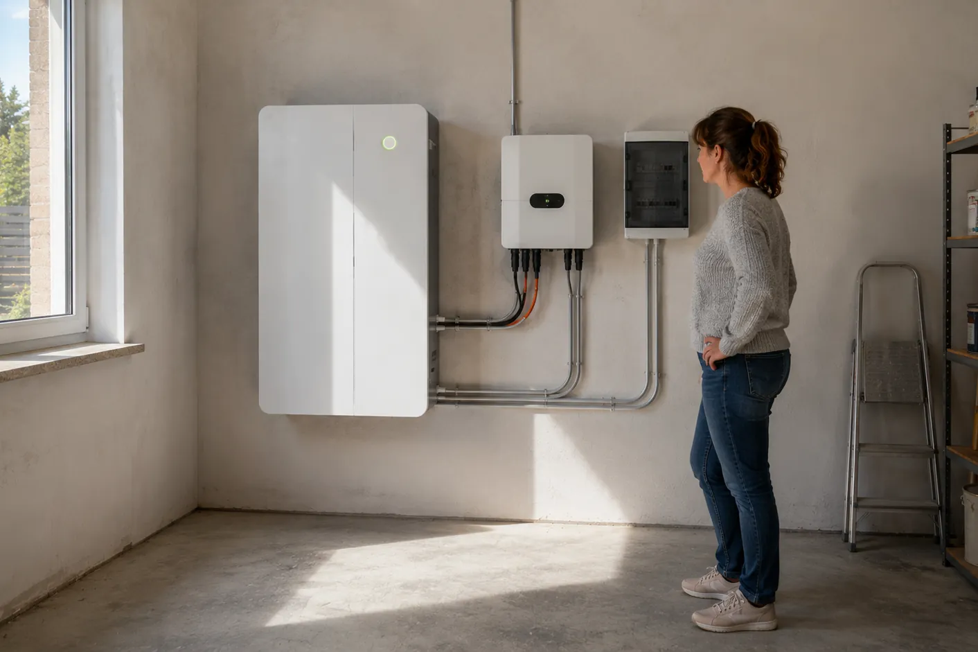 Magazyn energii i falownik hybrydowy na ścianie pomieszczenia gospodarczego, kobieta sprawdza wyświetlacz