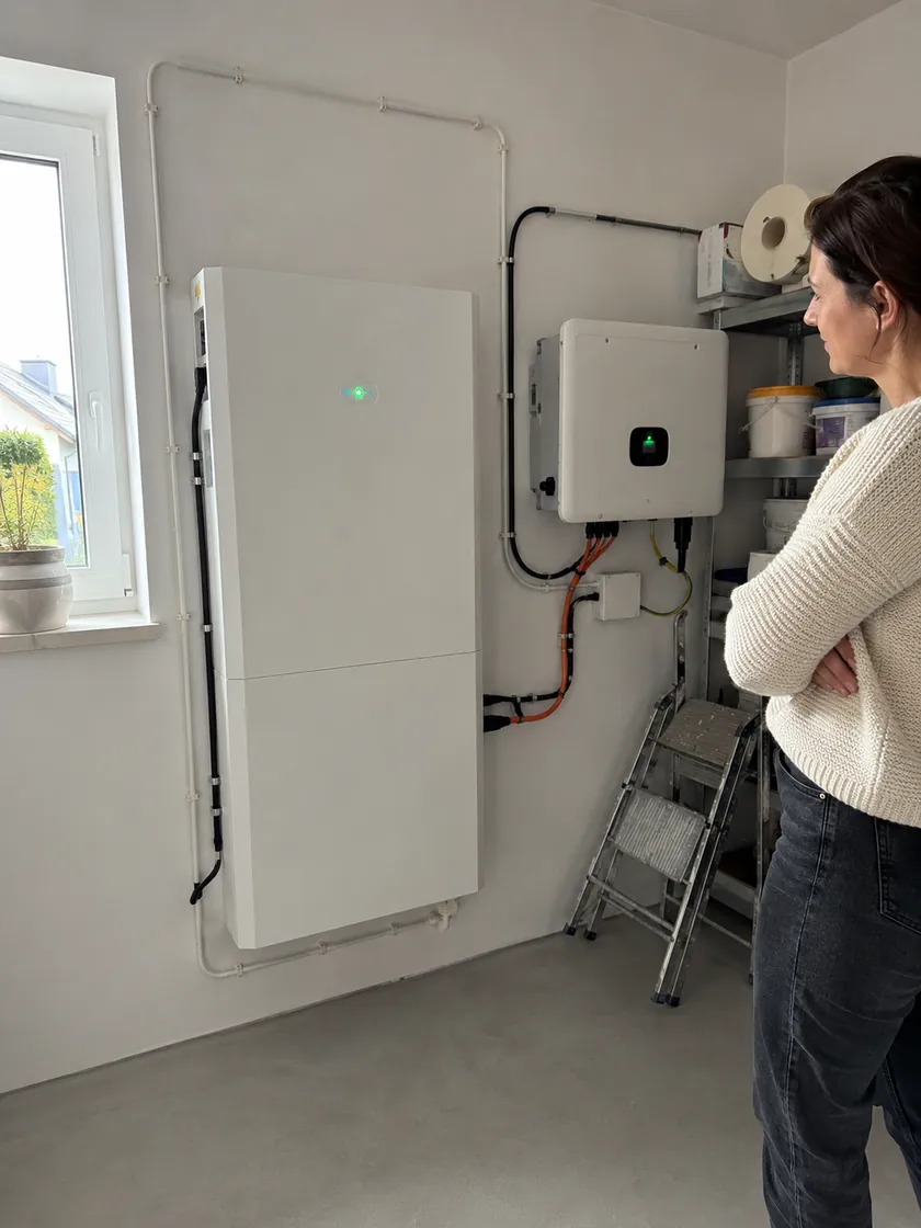 Magazyn energii zamontowany na ścianie pomieszczenia technicznego w domu