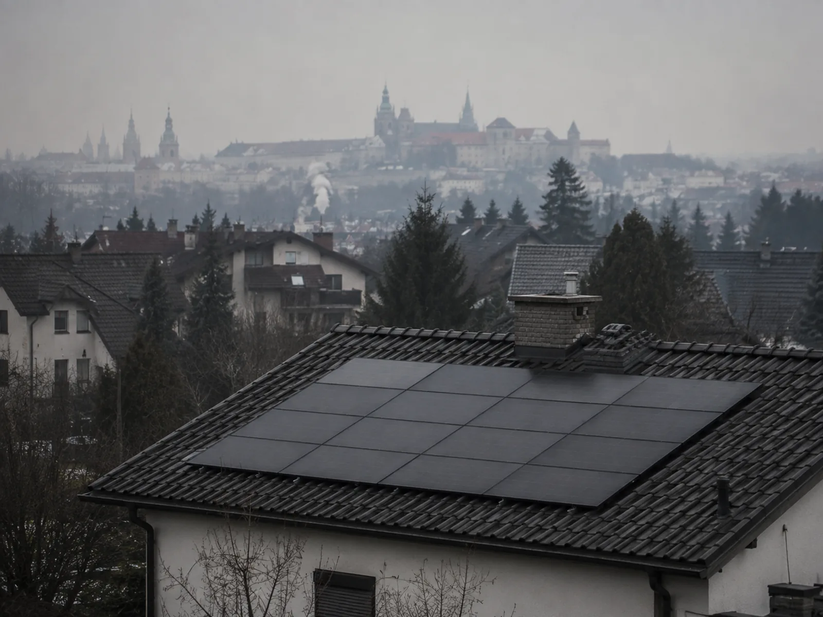 Panele fotowoltaiczne na dachu w Krakowie, w tle sylwetka starego miasta we mgle