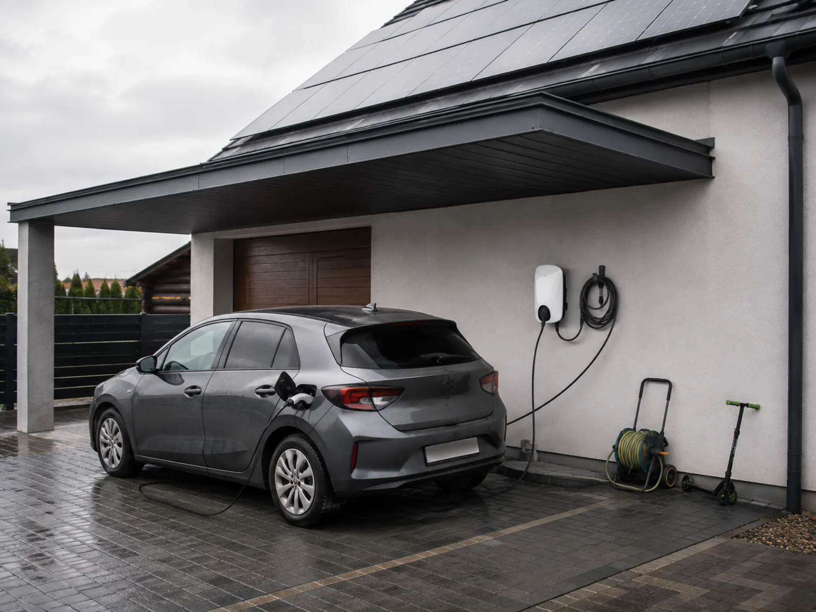 Ładowarka do samochodu elektrycznego na ścianie wiaty przy domu