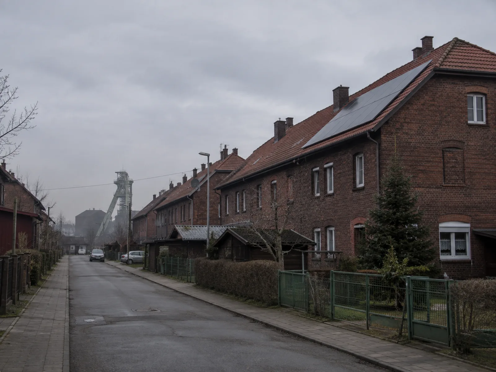 Panele fotowoltaiczne na dachu domu w osiedlu robotniczym na Śląsku