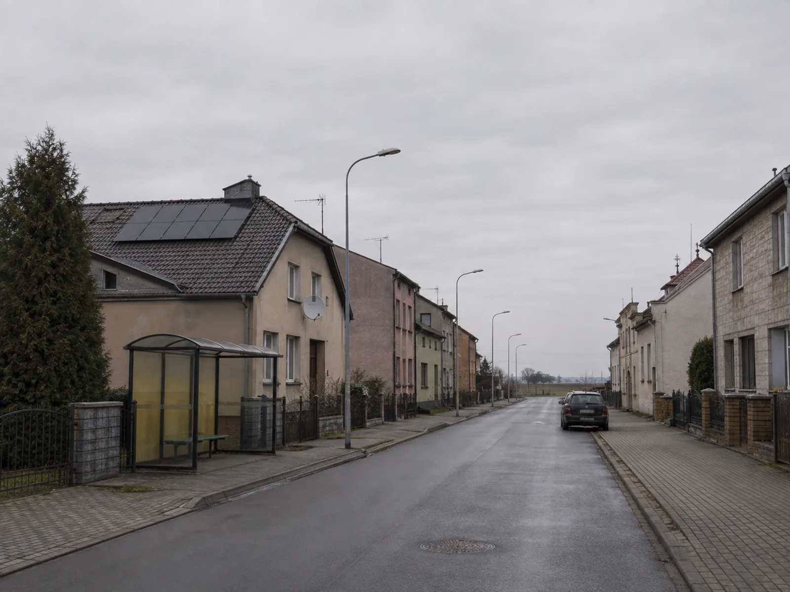 Panele fotowoltaiczne na dachu domu przy ulicy w małym mieście