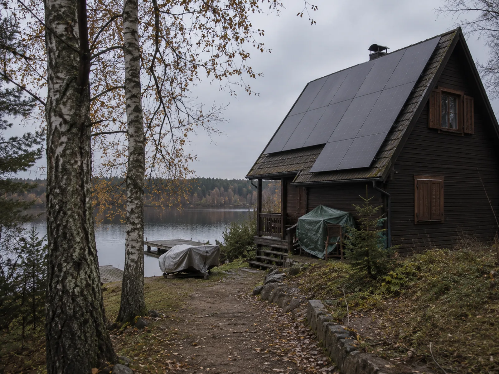 Panele fotowoltaiczne na dachu domu letniskowego nad jeziorem