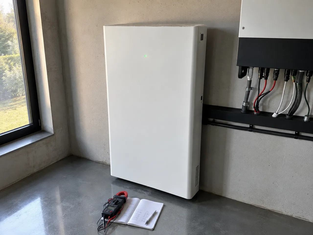 Magazyn energii zamontowany na betonowej ścianie, obok falownik hybrydowy